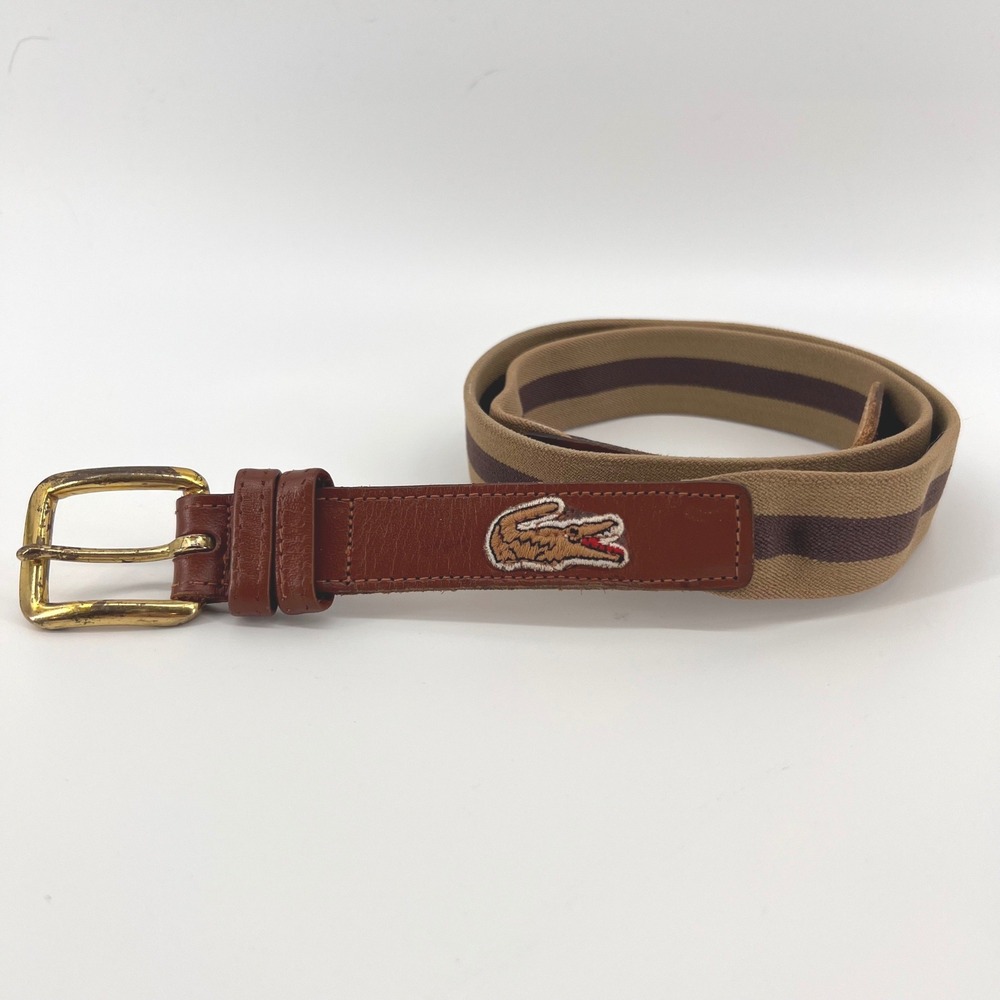 Lacoste Belt 38/95 Brown Leather Stretch Canvas Striped Vintage Logo